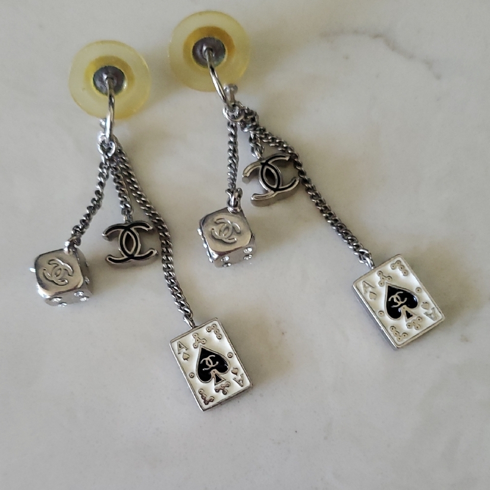 CHANEL Silver and Black Charm Earrings